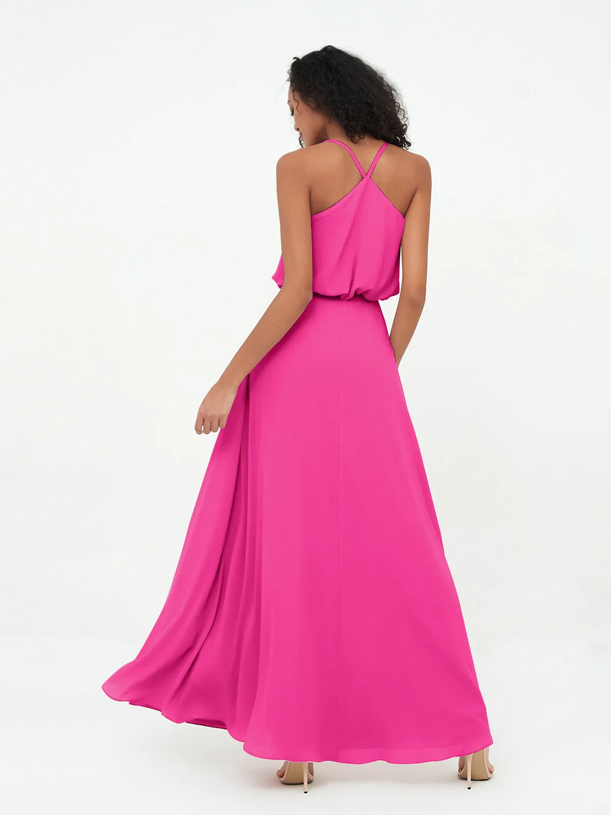 Bretelles Spaghetti Décolleté en V Robes en Mousseline Fuchsia Grande Taille