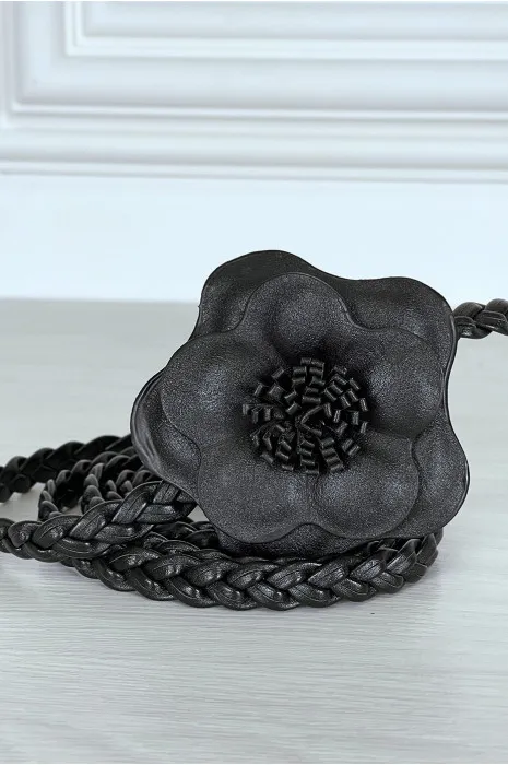 Ceinture tressée noire en simili avec fleur