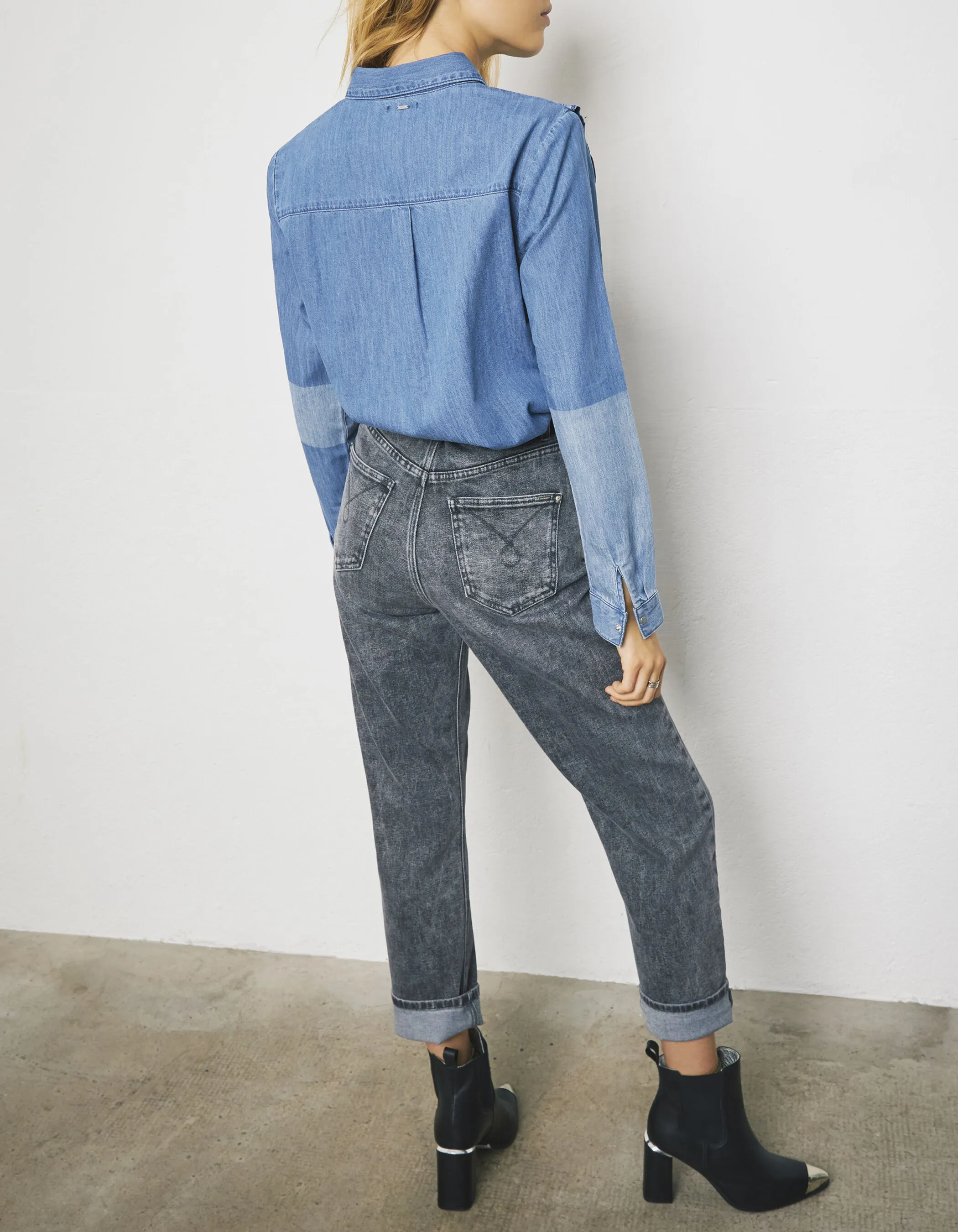 Chemise jean bio effet patch et volants aux épaules femme