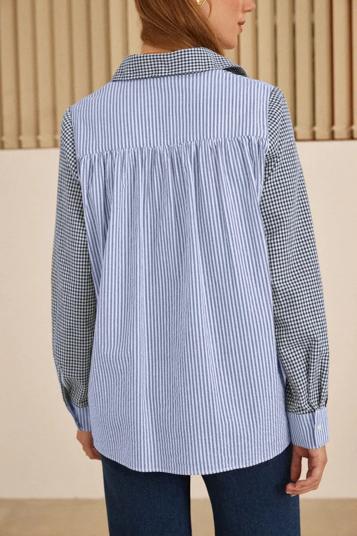Chemise Pivoine vichy marine et rayures bleu ciel