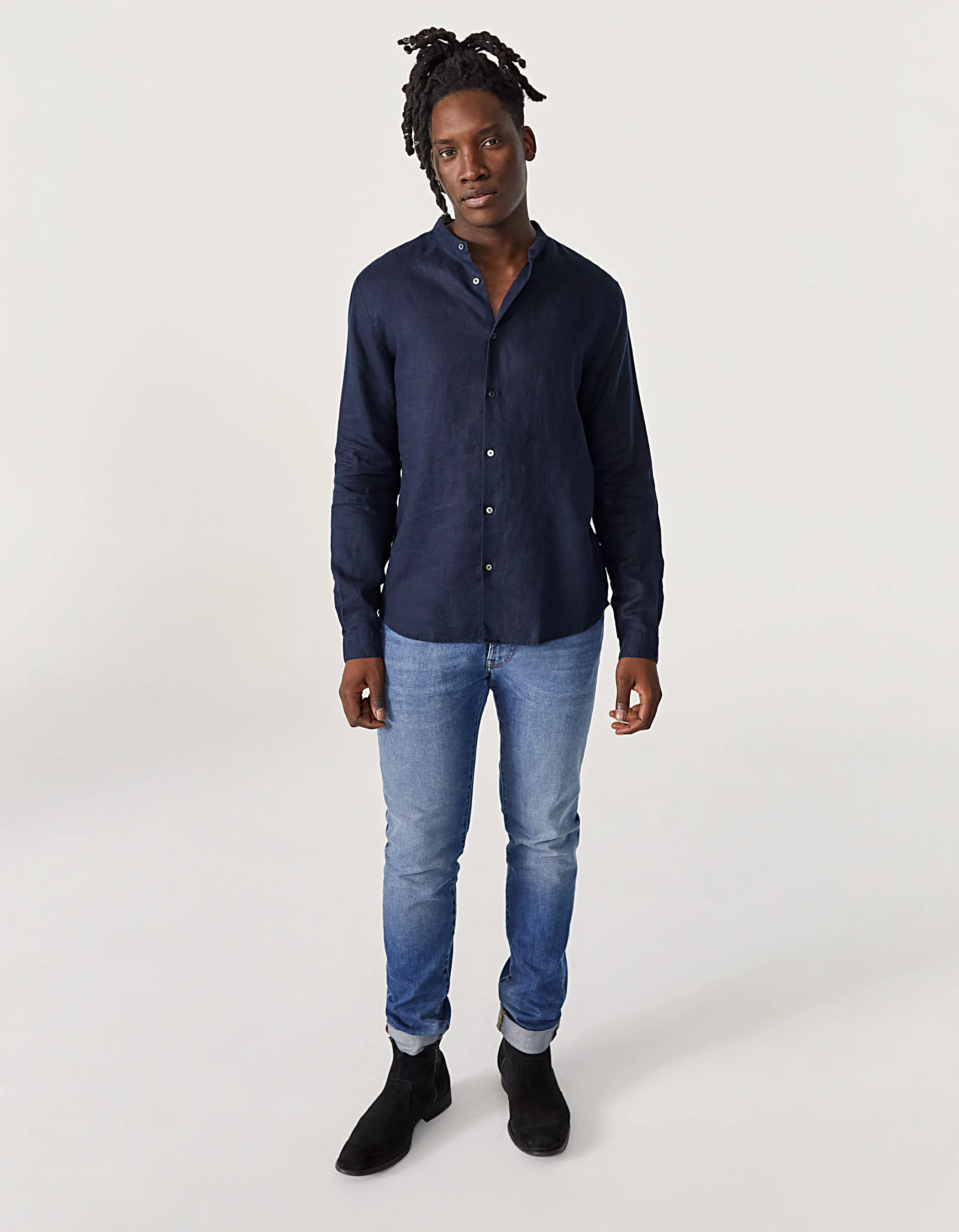 Chemise REGULAR marine en lin à col Mao Homme