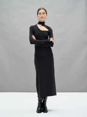 GAIA - Robe longue ajustée col cheminée et vague en jersey Hermione Noir