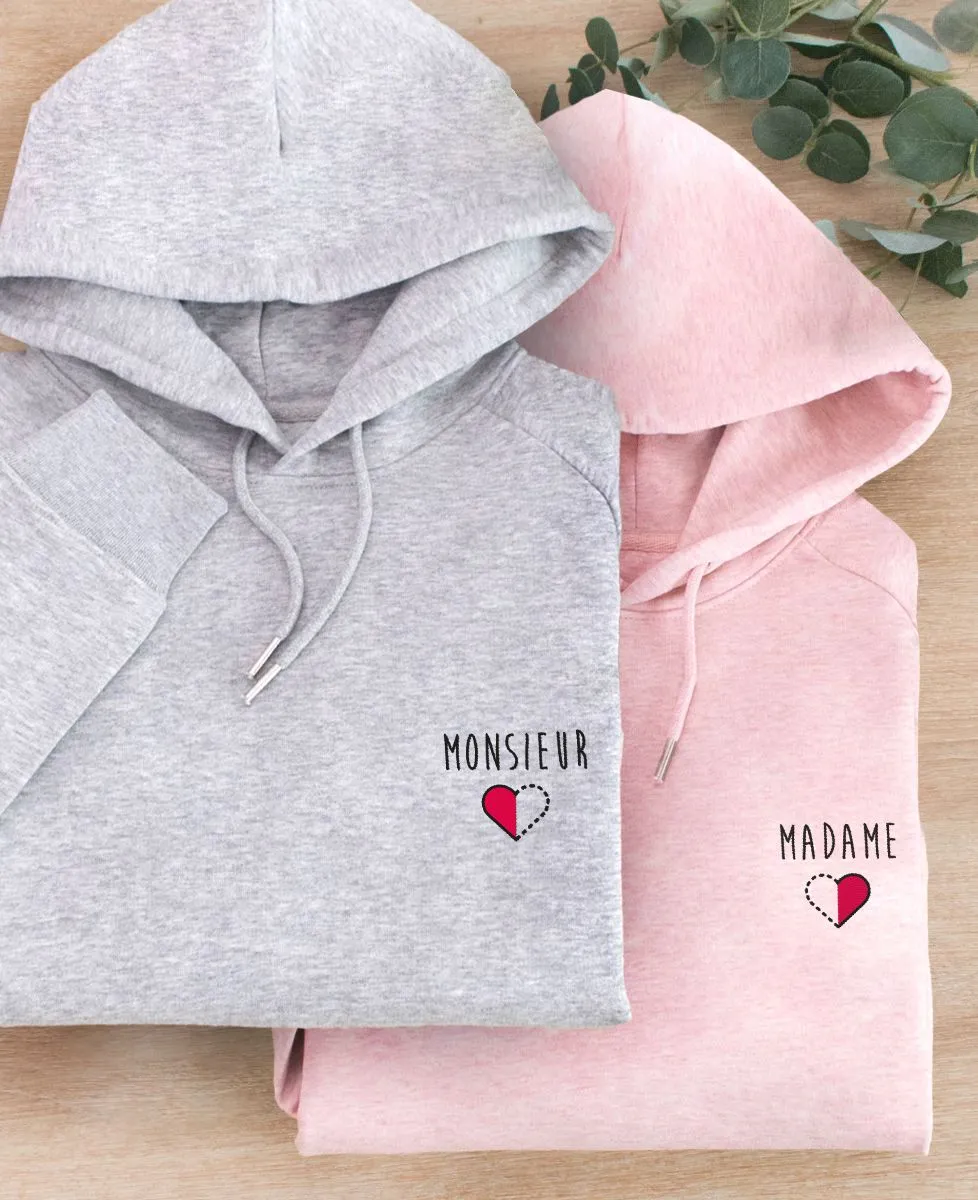 Hoodie homme Monsieur et demi-coeur brodé personnalisé