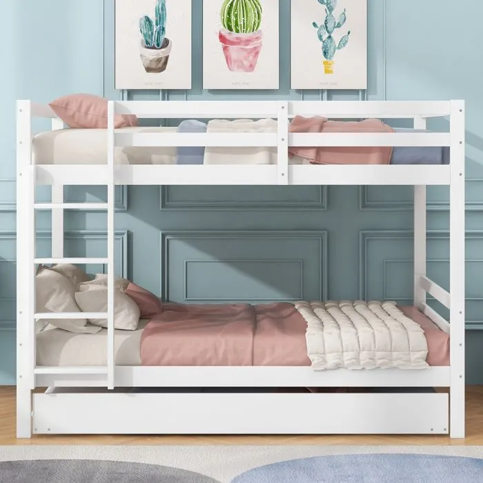 MODERNLUXE Lit superposé 140x200cm - lit enfant - avec gigogne - avec sommier lattes - avec escalier - Blanc