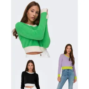 Only Piumo 15270559 pull crop bicolore noir vert parme