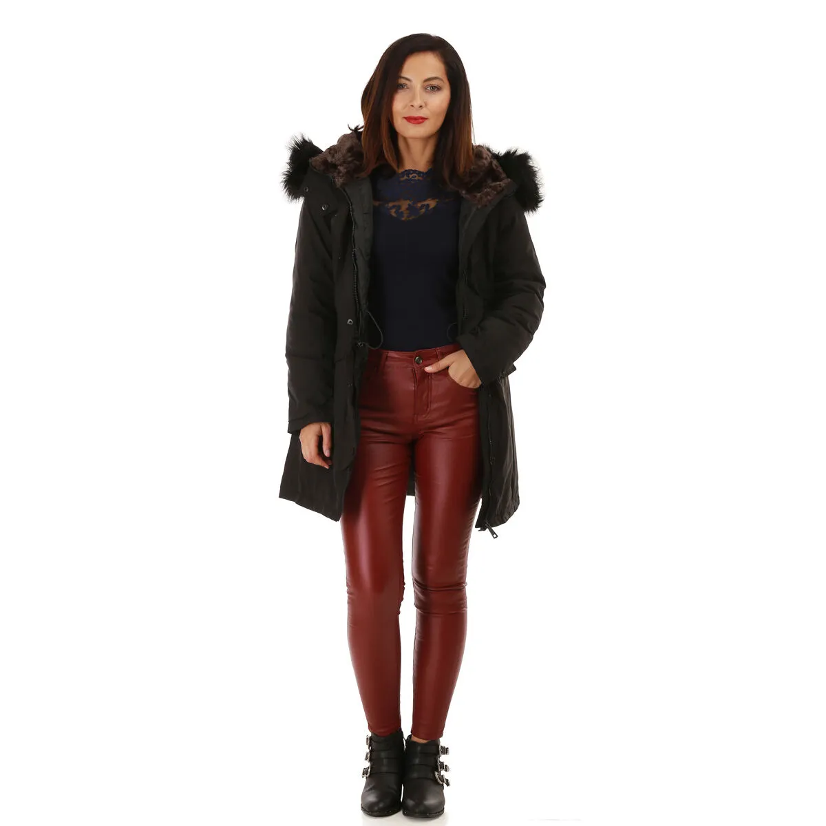 Parka à capuche fourrée et fausse fourrure- Noir