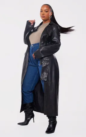 Plus Trench oversize en PU noir à ceinture