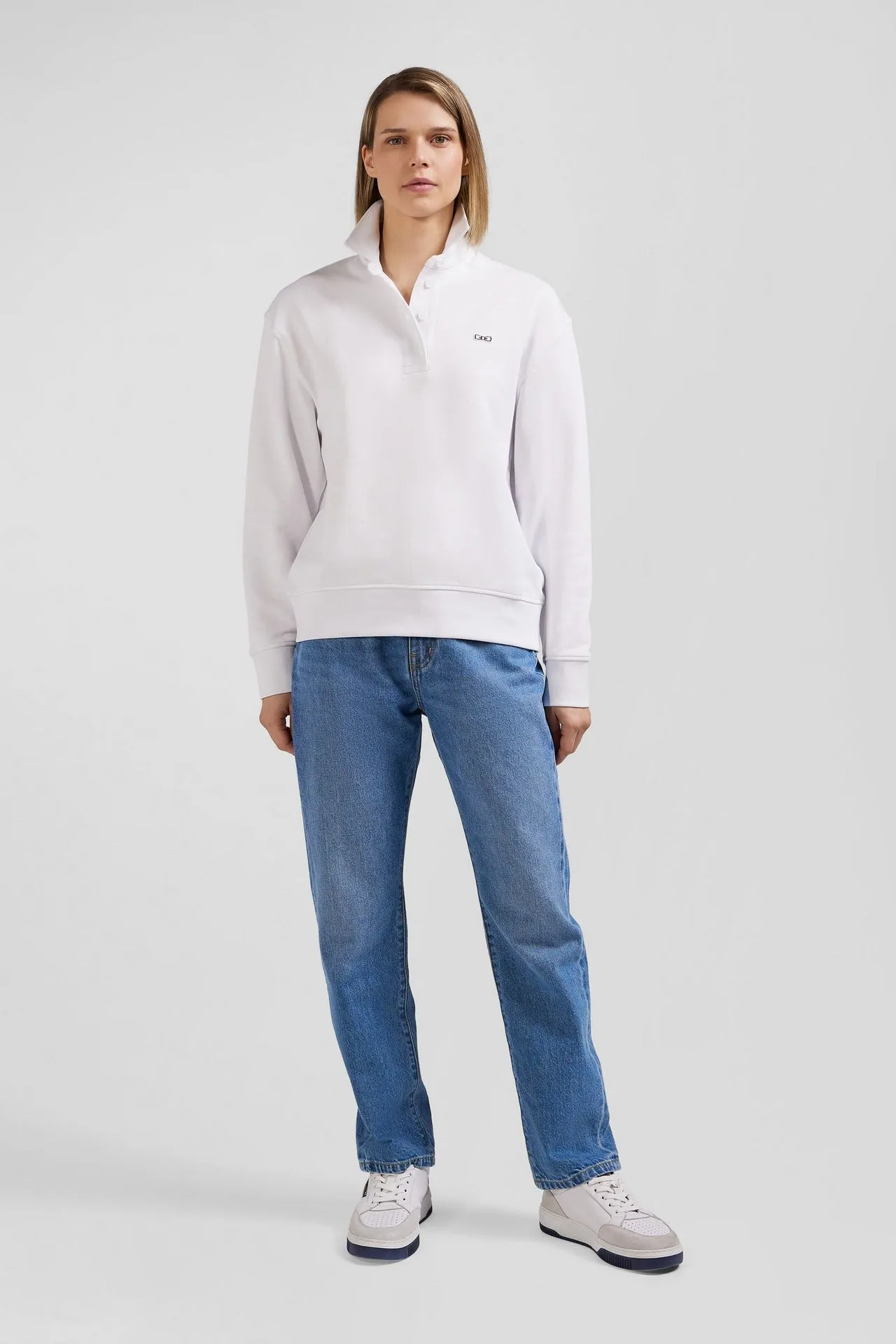 Sweatshirt blanc col polo en coton