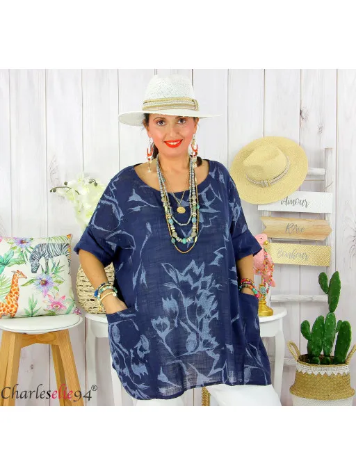 Tunique été coton lin femme grande taille MUSIK bleu marine